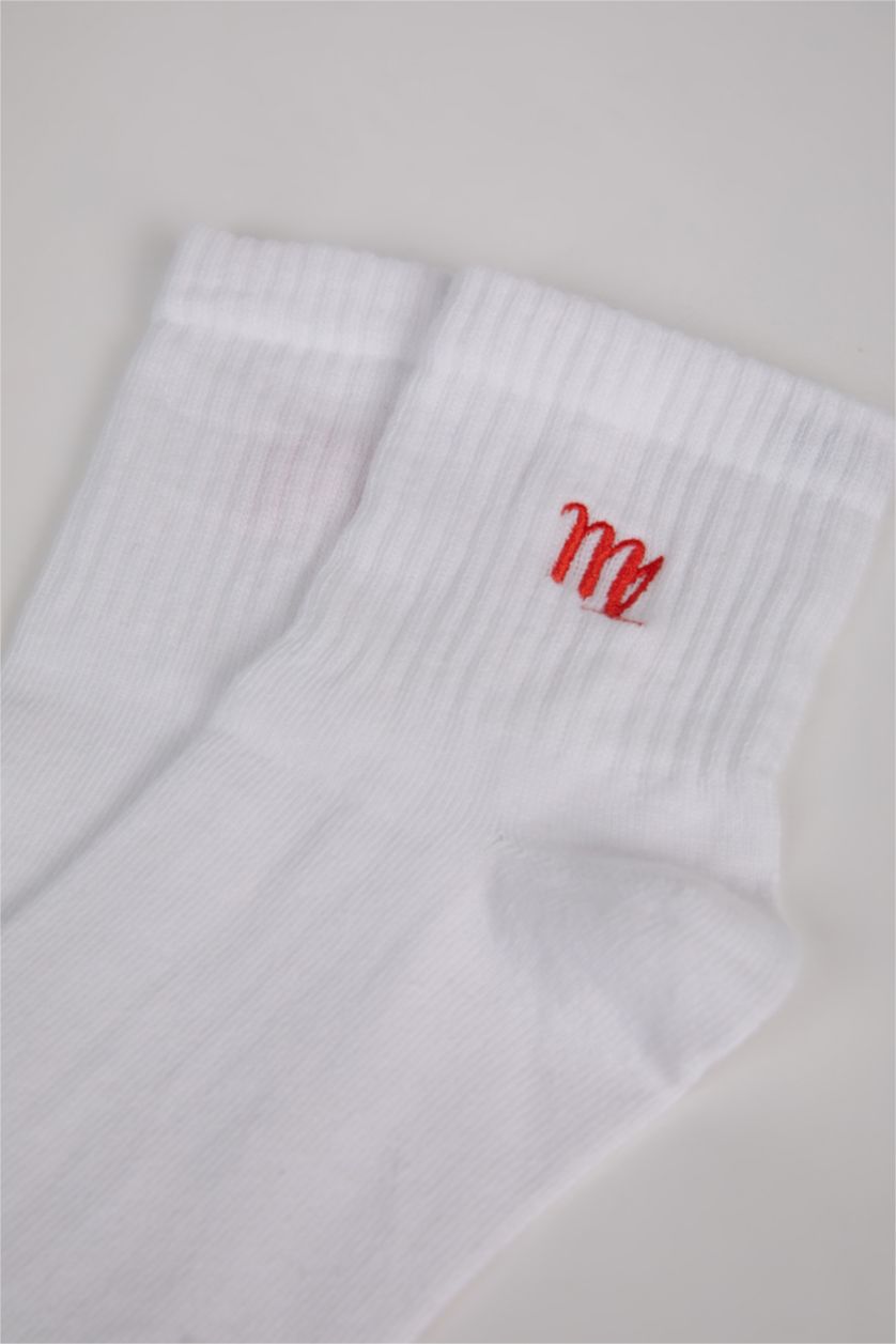Kadın Beyaz Unisex Pamuklu Başak Burcu Simgeli Soket Çorap
