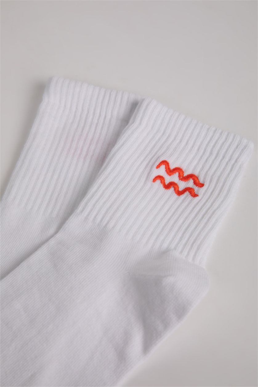 Kadın Beyaz Unisex Pamuklu Kova Burcu Simgeli Soket Çorap