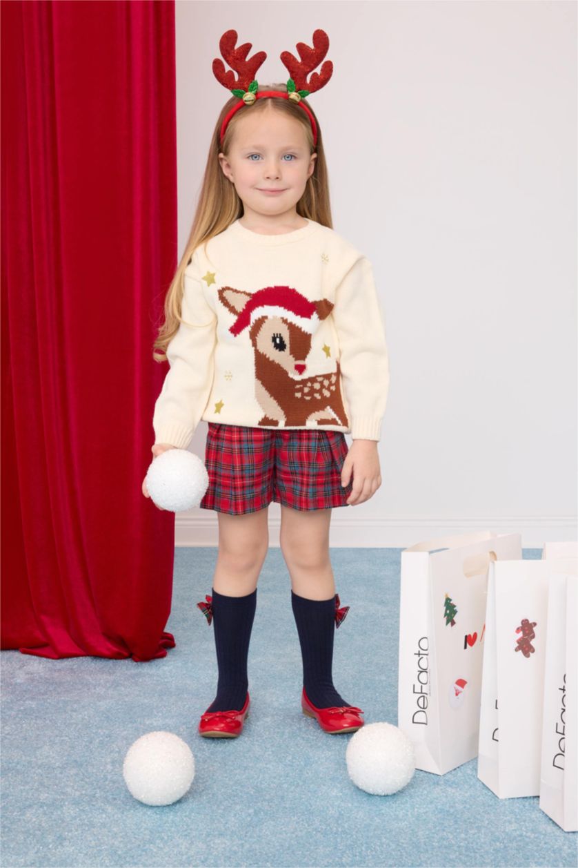 Kız Bebek Kum Bisiklet Yaka Yılbaşı Temalı Triko Kazak Kız Bebek