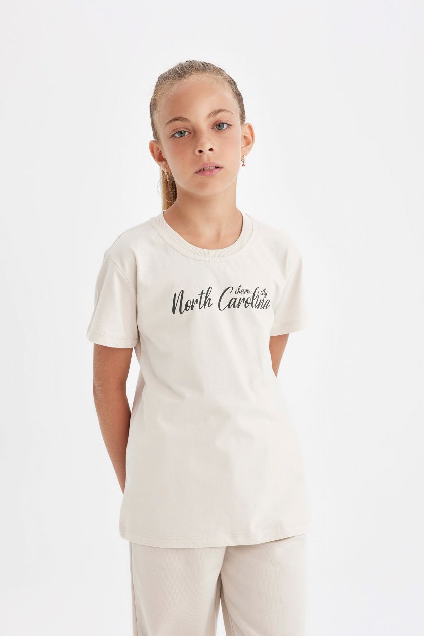 Kız Çocuk - Genç Kız Taş Kız Çocuk Bisiklet Yaka Yazı Baskılı Kısa Kollu Okul Tişörtü