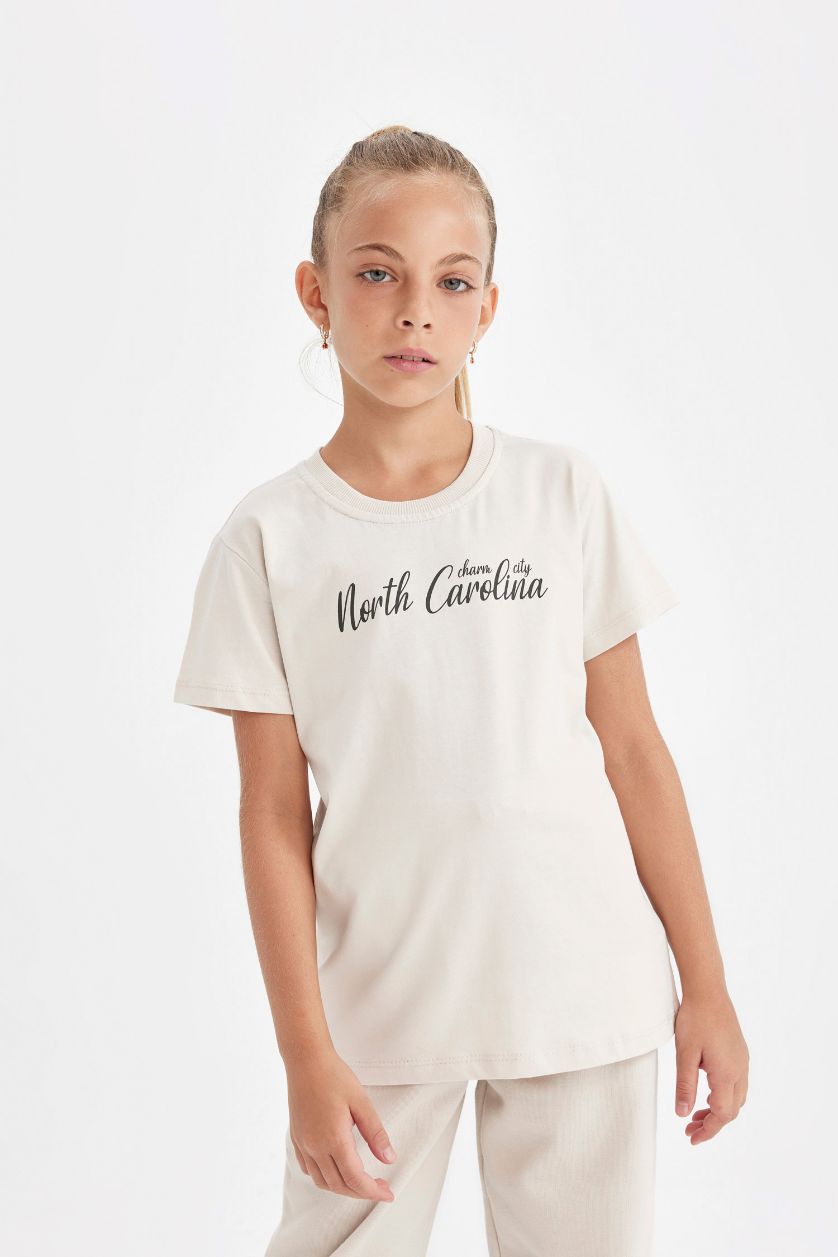 Kız Çocuk - Genç Kız Taş Kız Çocuk Bisiklet Yaka Yazı Baskılı Kısa Kollu Okul Tişörtü