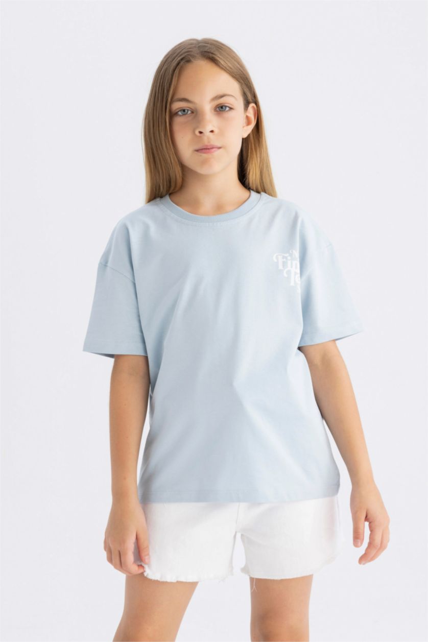 Kız Çocuk - Genç Kız Açık Mavi Kız Çocuk Relax Fit Bisiklet Yaka Yazı Baskılı Kısa Kollu Tişört