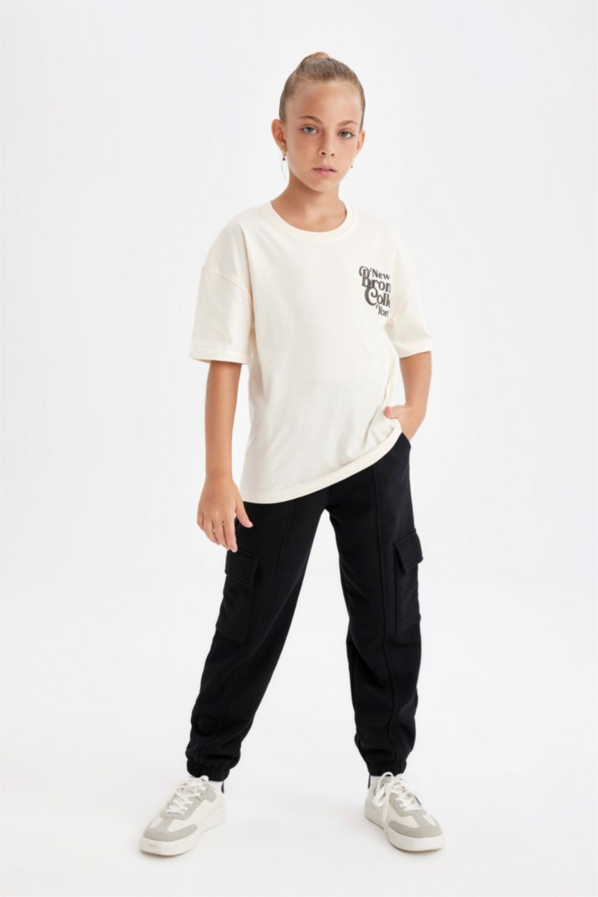 Kız Çocuk - Genç Kız Ekru Kız Çocuk Relax Fit Bisiklet Yaka Yazı Baskılı Kısa Kollu Tişört