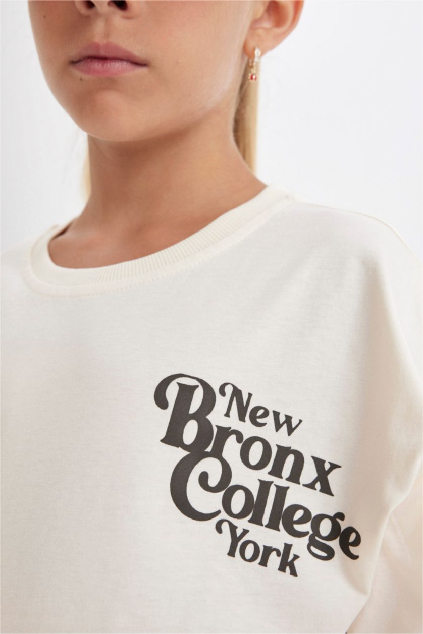 Kız Çocuk - Genç Kız Ekru Kız Çocuk Relax Fit Bisiklet Yaka Yazı Baskılı Kısa Kollu Tişört