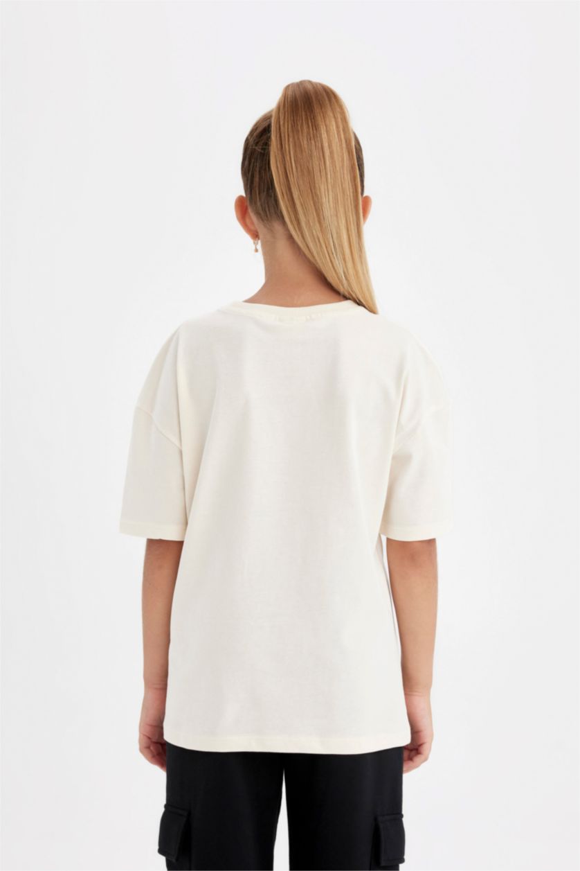 Kız Çocuk - Genç Kız Ekru Kız Çocuk Relax Fit Bisiklet Yaka Yazı Baskılı Kısa Kollu Tişört