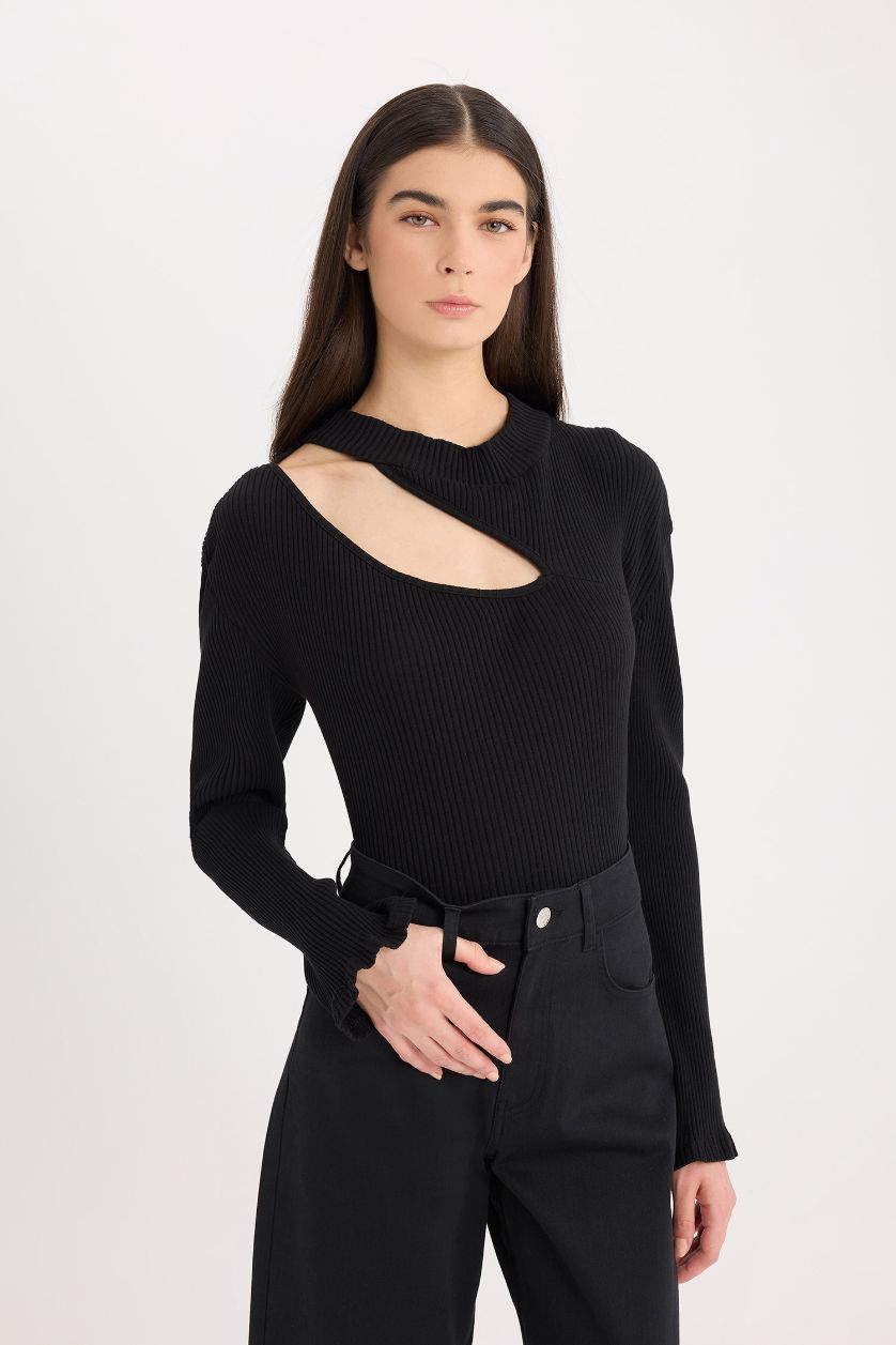 Kadın Siyah Slim Fit Dar Kesim Yarım Balıkçı Yaka Basic Düz Fitilli Kaşkorse Uzun Kollu Tişört	