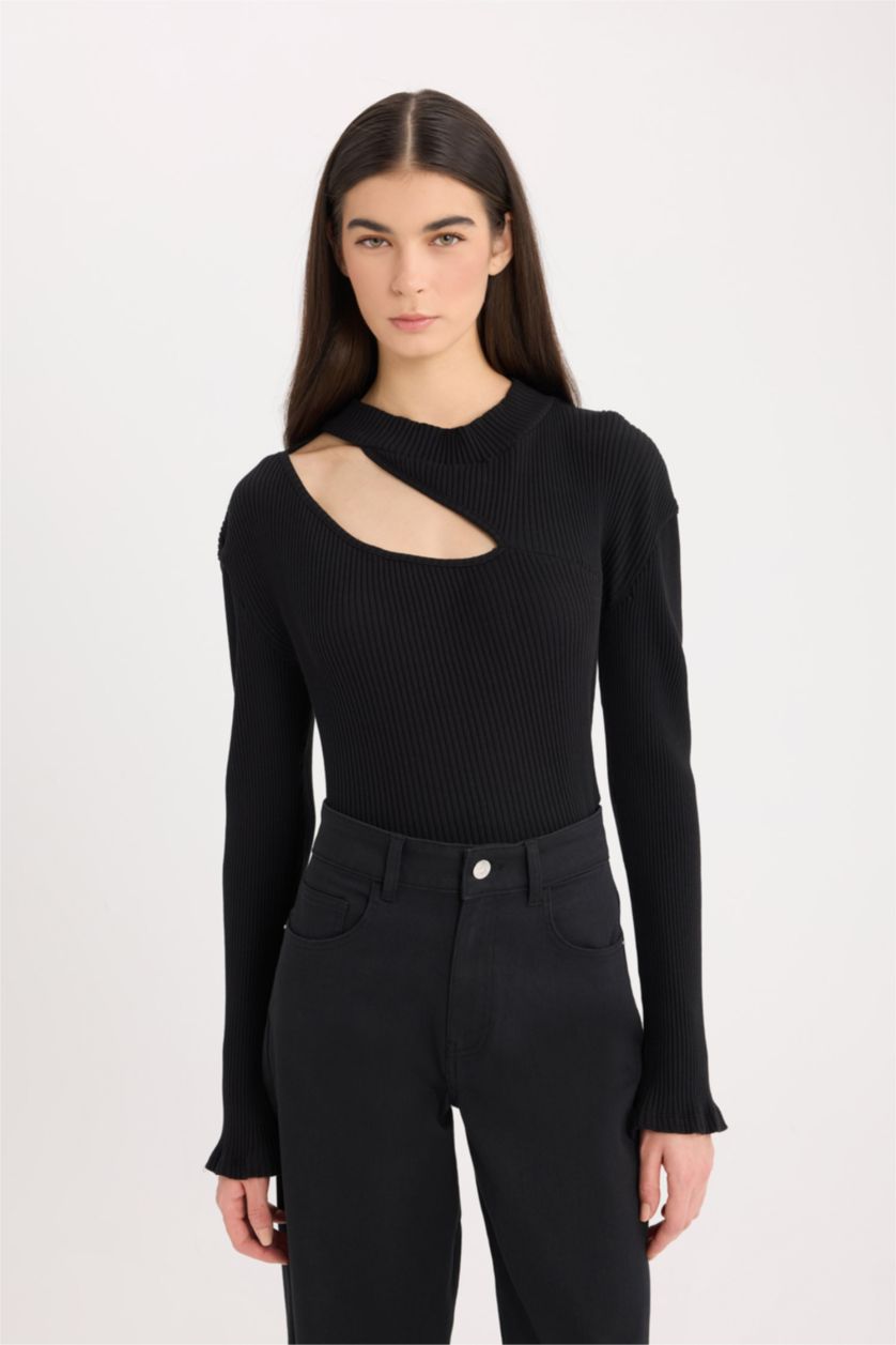 Kadın Siyah Slim Fit Dar Kesim Yarım Balıkçı Yaka Basic Düz Fitilli Kaşkorse Uzun Kollu Tişört	