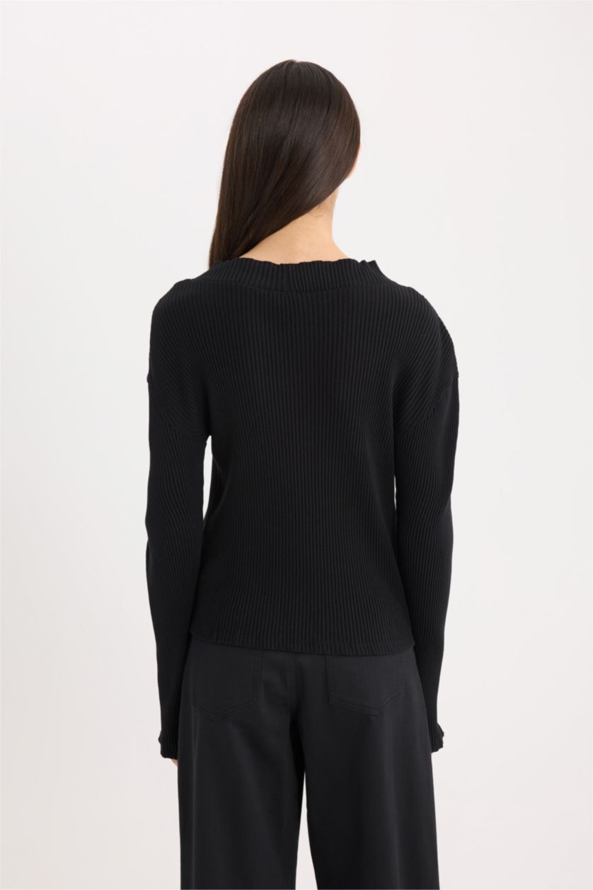 Kadın Siyah Slim Fit Dar Kesim Yarım Balıkçı Yaka Basic Düz Fitilli Kaşkorse Uzun Kollu Tişört	