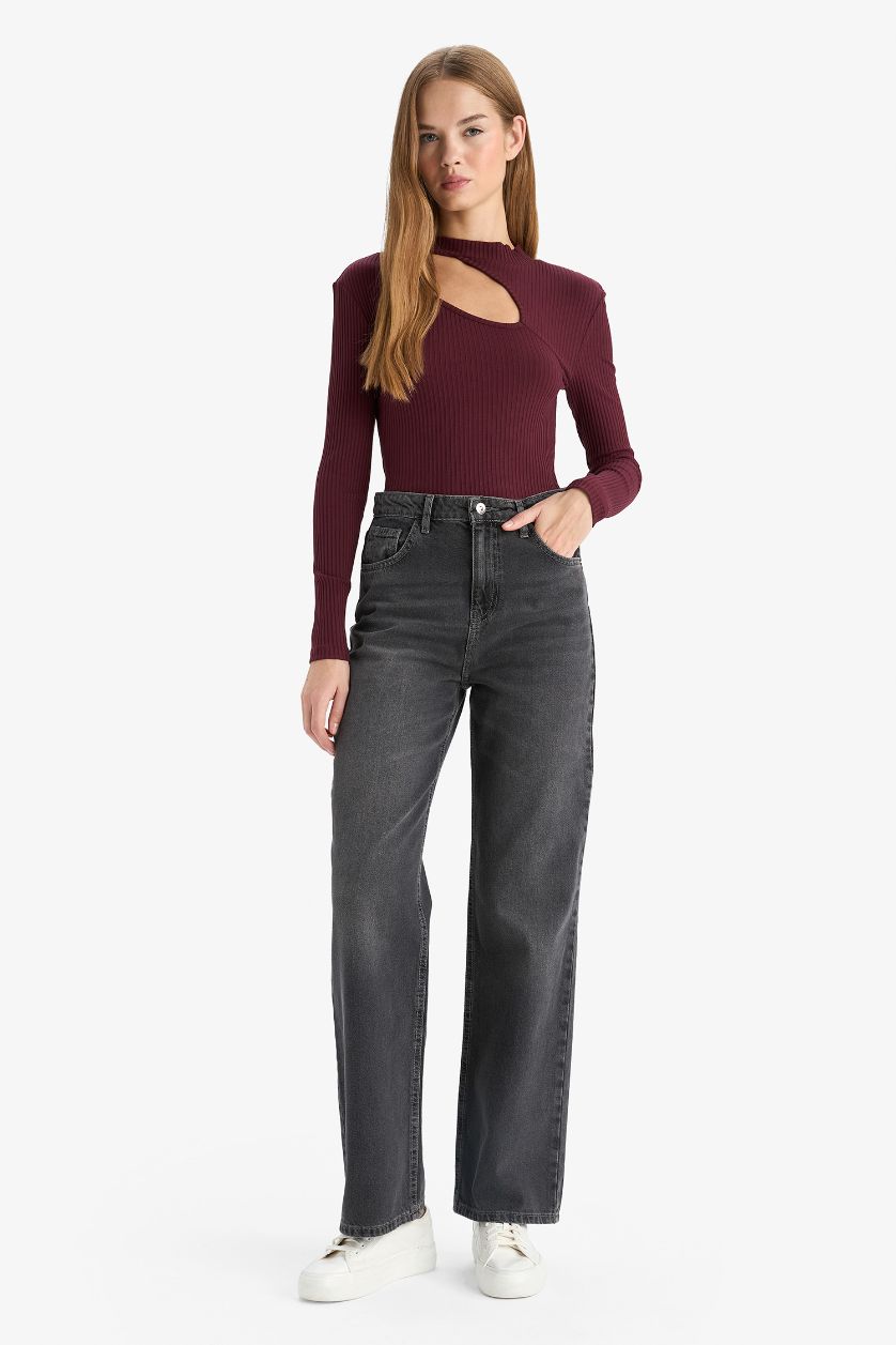 نساء خمري تيشيرت ردن طويل سليم فيت مضلع بياخة مستديرة