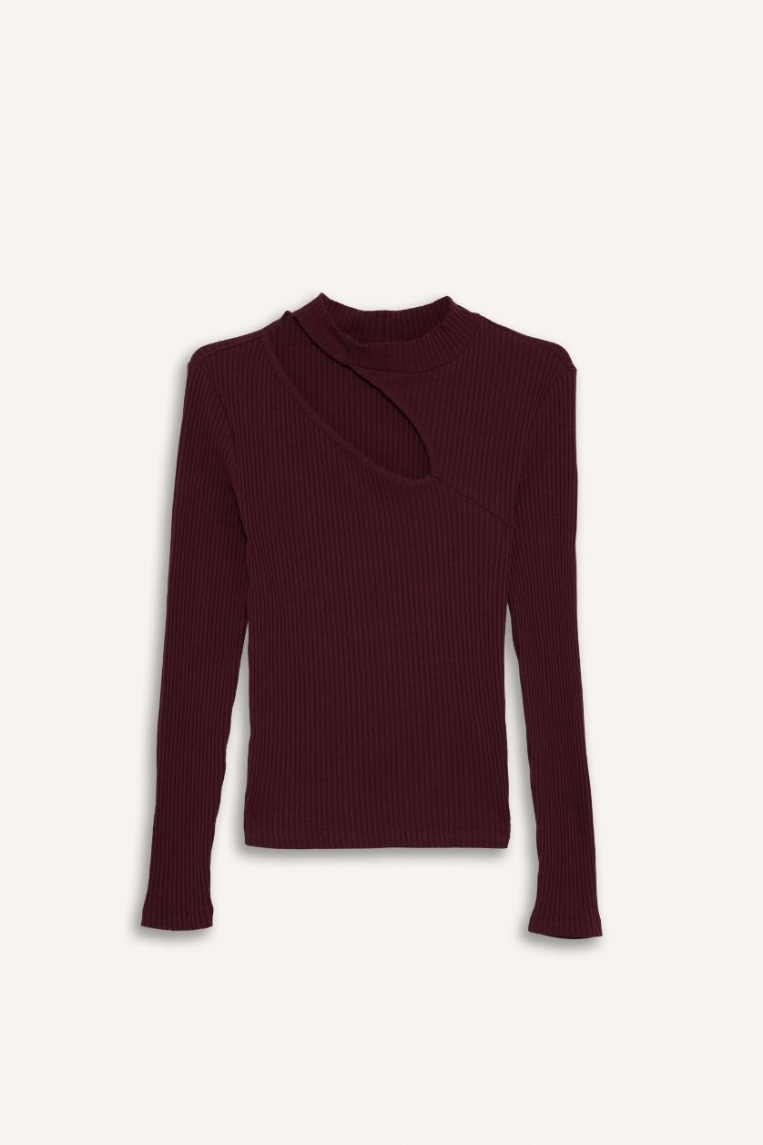 نساء خمري تيشيرت ردن طويل سليم فيت مضلع بياخة مستديرة