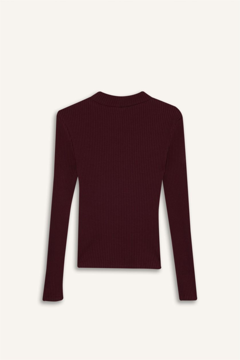 نساء خمري تيشيرت ردن طويل سليم فيت مضلع بياخة مستديرة