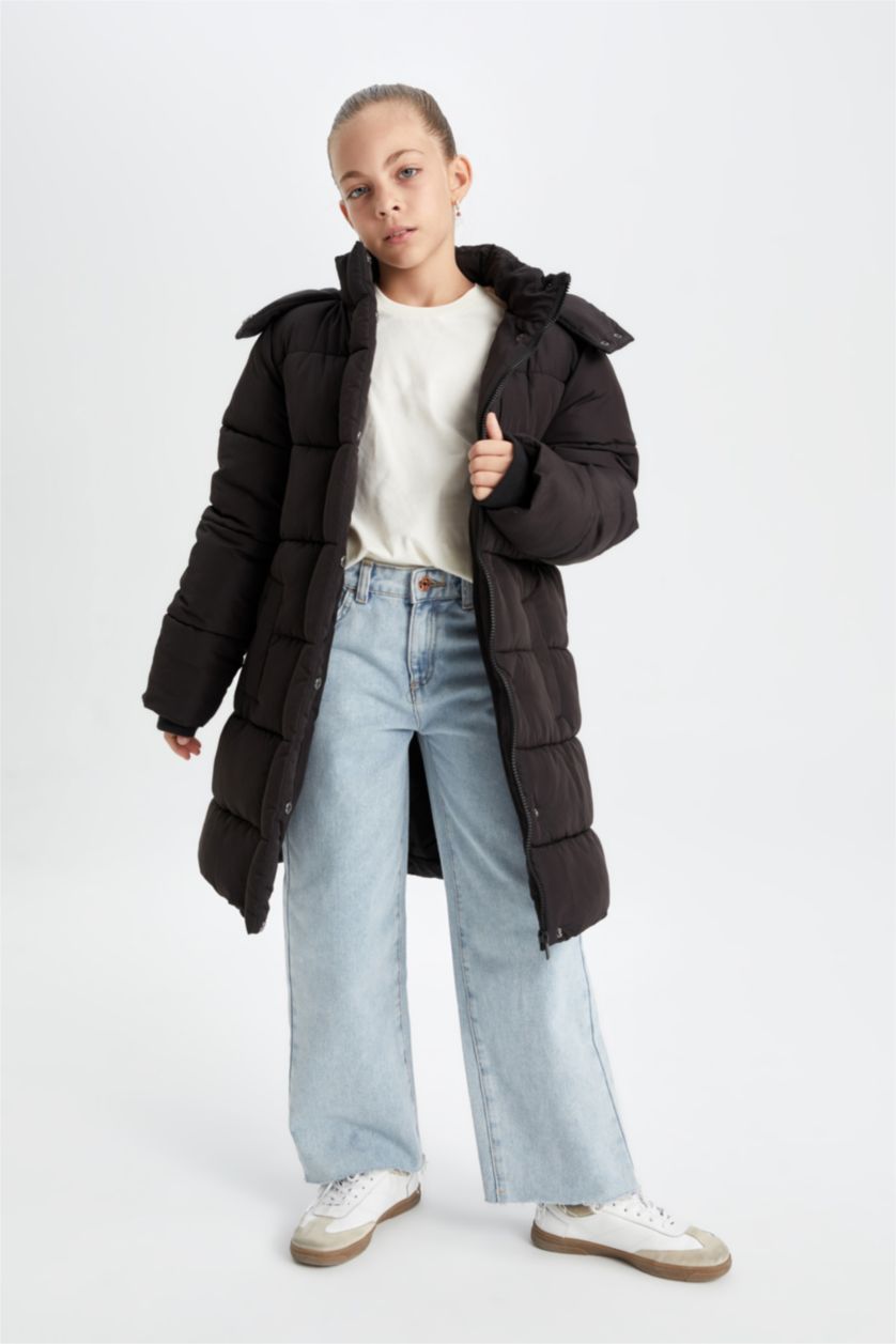 Kız Çocuk - Genç Kız Siyah Su Geçirmez Kapüşonlu Fermuarlı Çıtçıtlı Cepli Parka Kız Çocuk