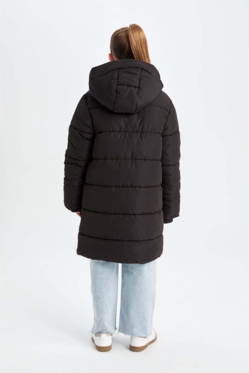 Kız Çocuk - Genç Kız Siyah Su Geçirmez Kapüşonlu Fermuarlı Çıtçıtlı Cepli Parka Kız Çocuk