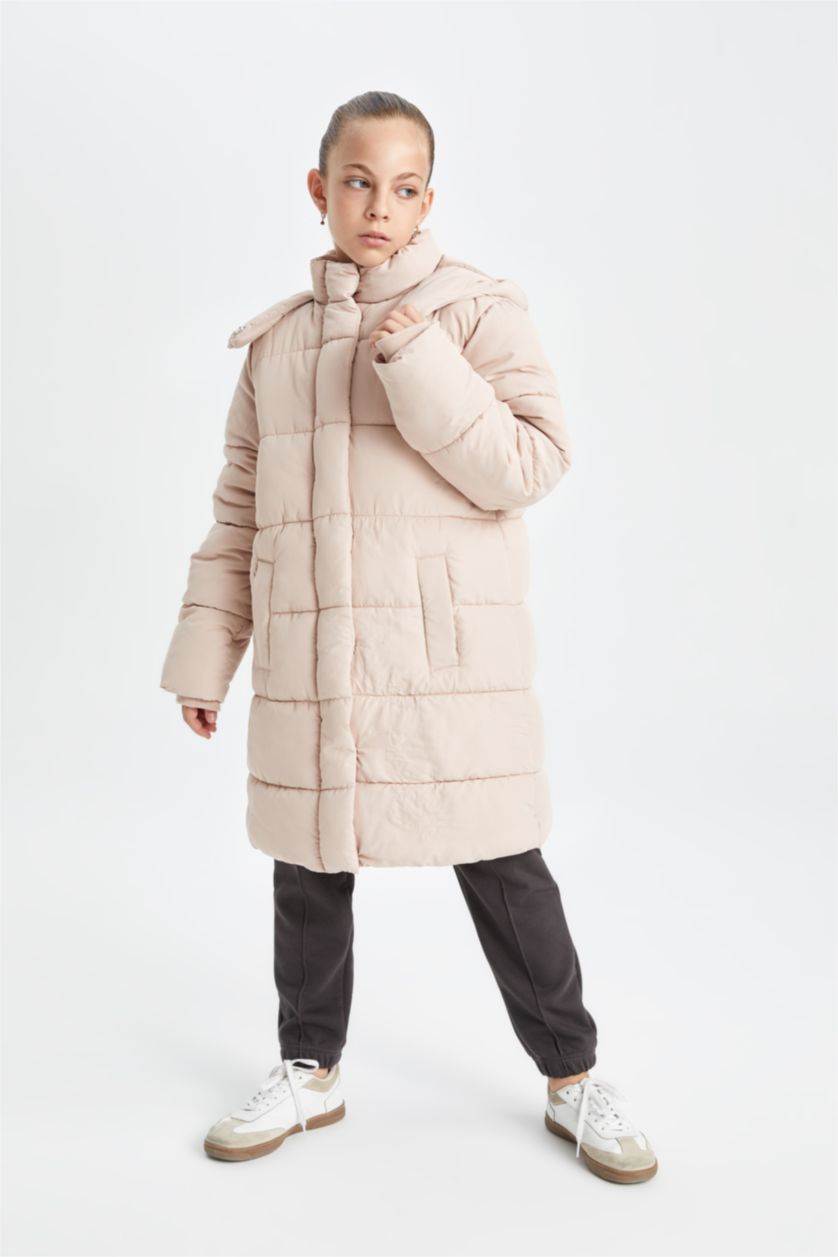 GIRLS & TEENS Light Rose Girl Waterproof Hooded Long Puffer Jacket