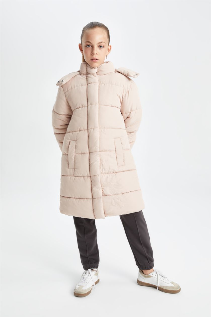 GIRLS & TEENS Light Rose Girl Waterproof Hooded Long Puffer Jacket