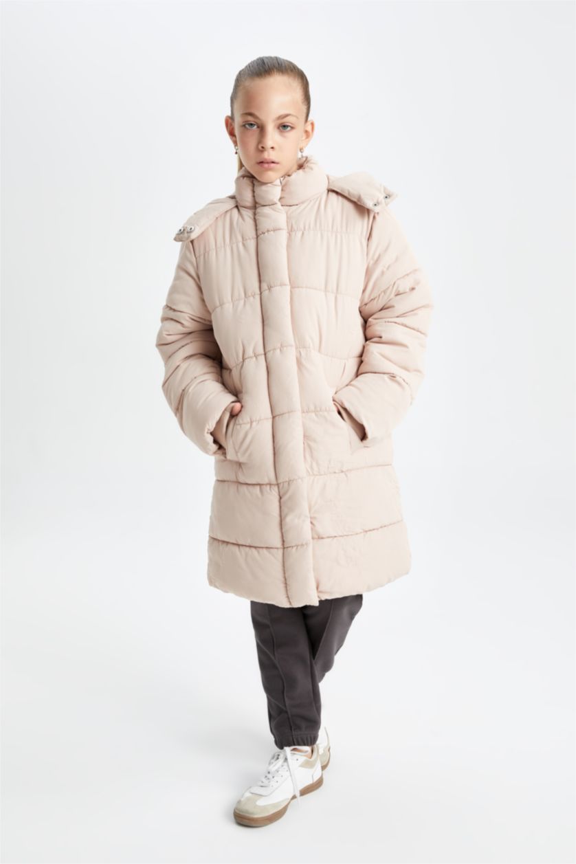 GIRLS & TEENS Light Rose Girl Waterproof Hooded Long Puffer Jacket
