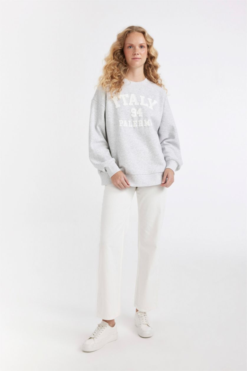 Женщины Серый меланж Свитшот оверсайз с принтом с круглым вырезом