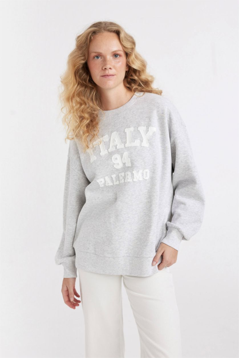 Женщины Серый меланж Свитшот оверсайз с принтом с круглым вырезом