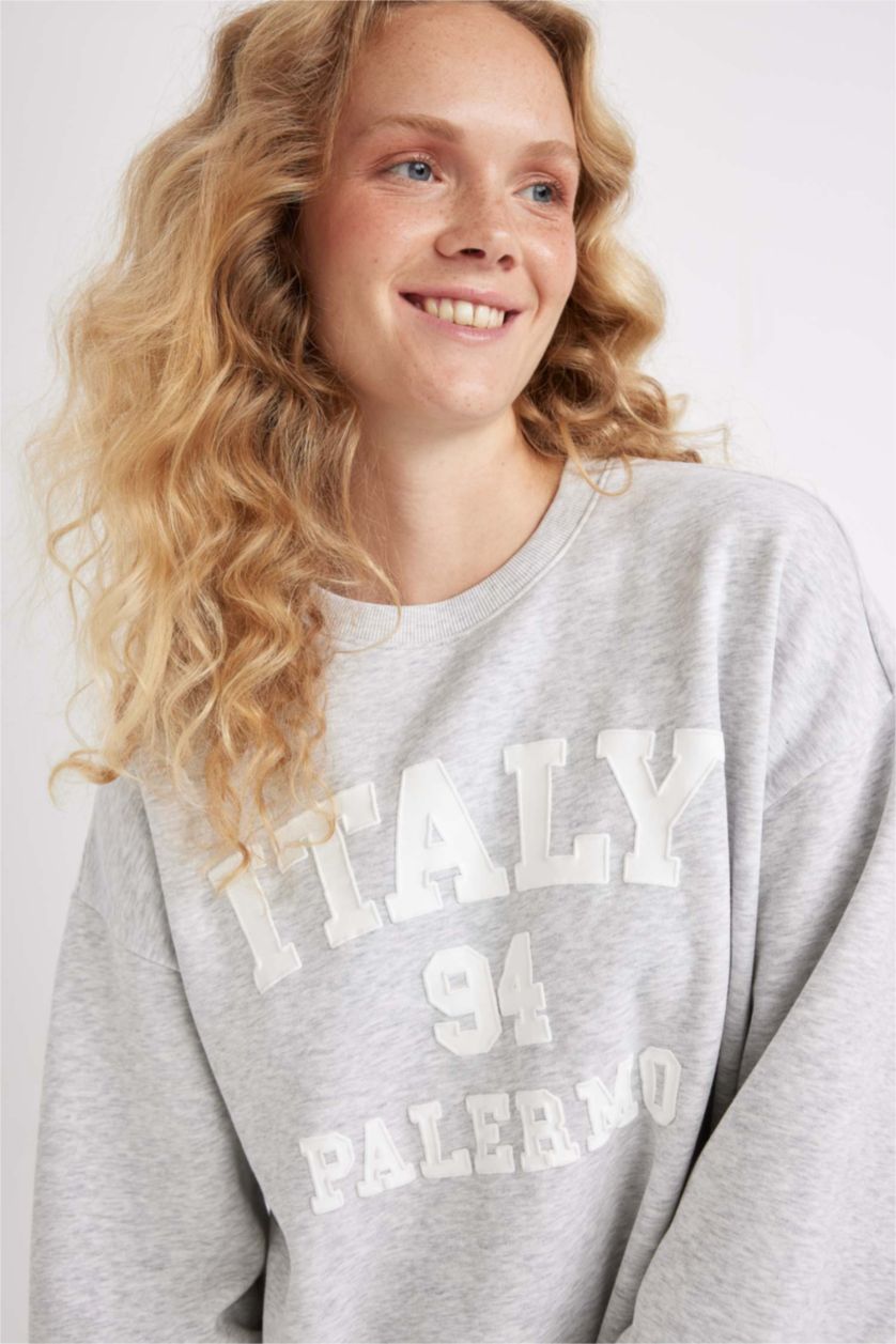 Женщины Серый меланж Свитшот оверсайз с принтом с круглым вырезом