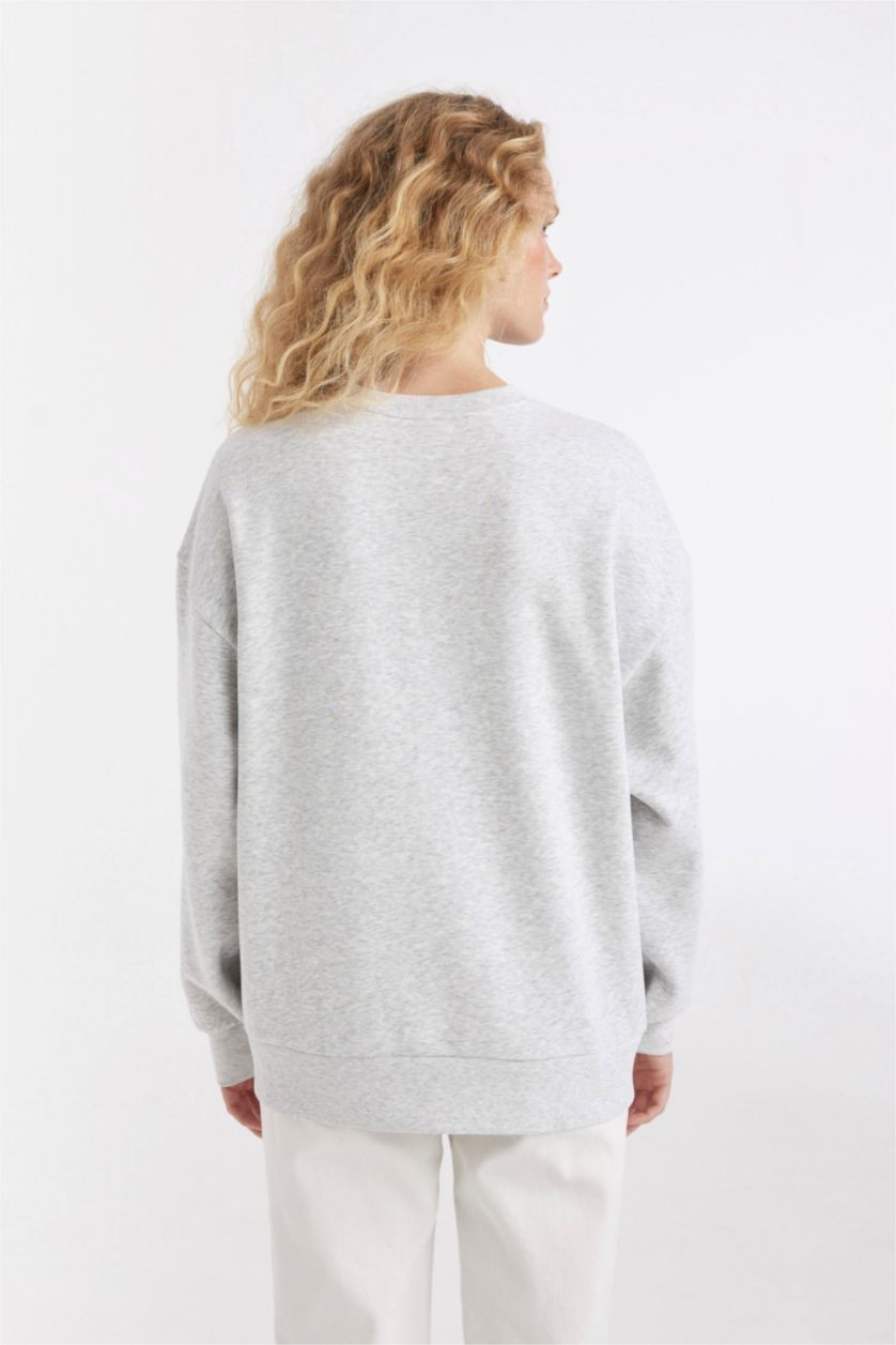 Женщины Серый меланж Свитшот оверсайз с принтом с круглым вырезом