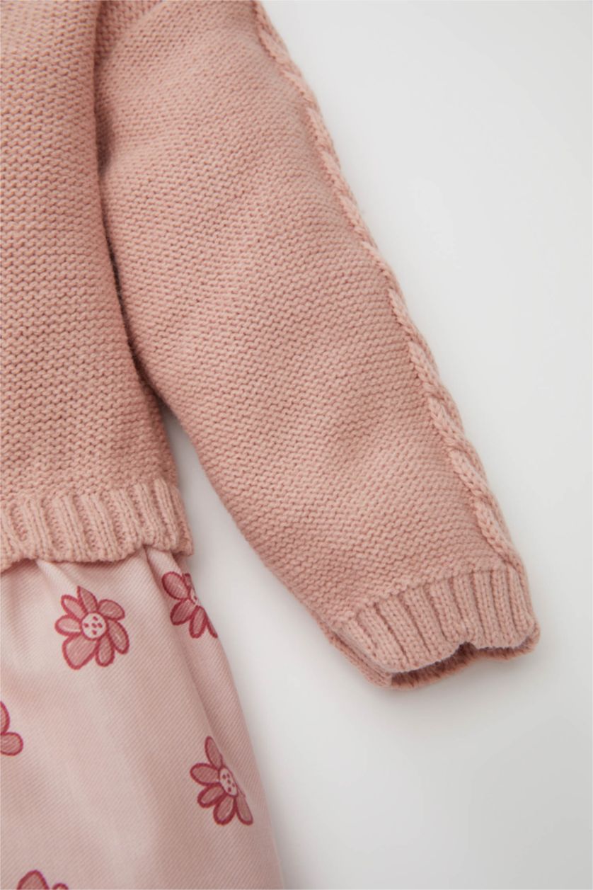 طفلة صغيرة زهري فستان بناتي بنقشة الزهور تريكو قصة عادية كم طويل