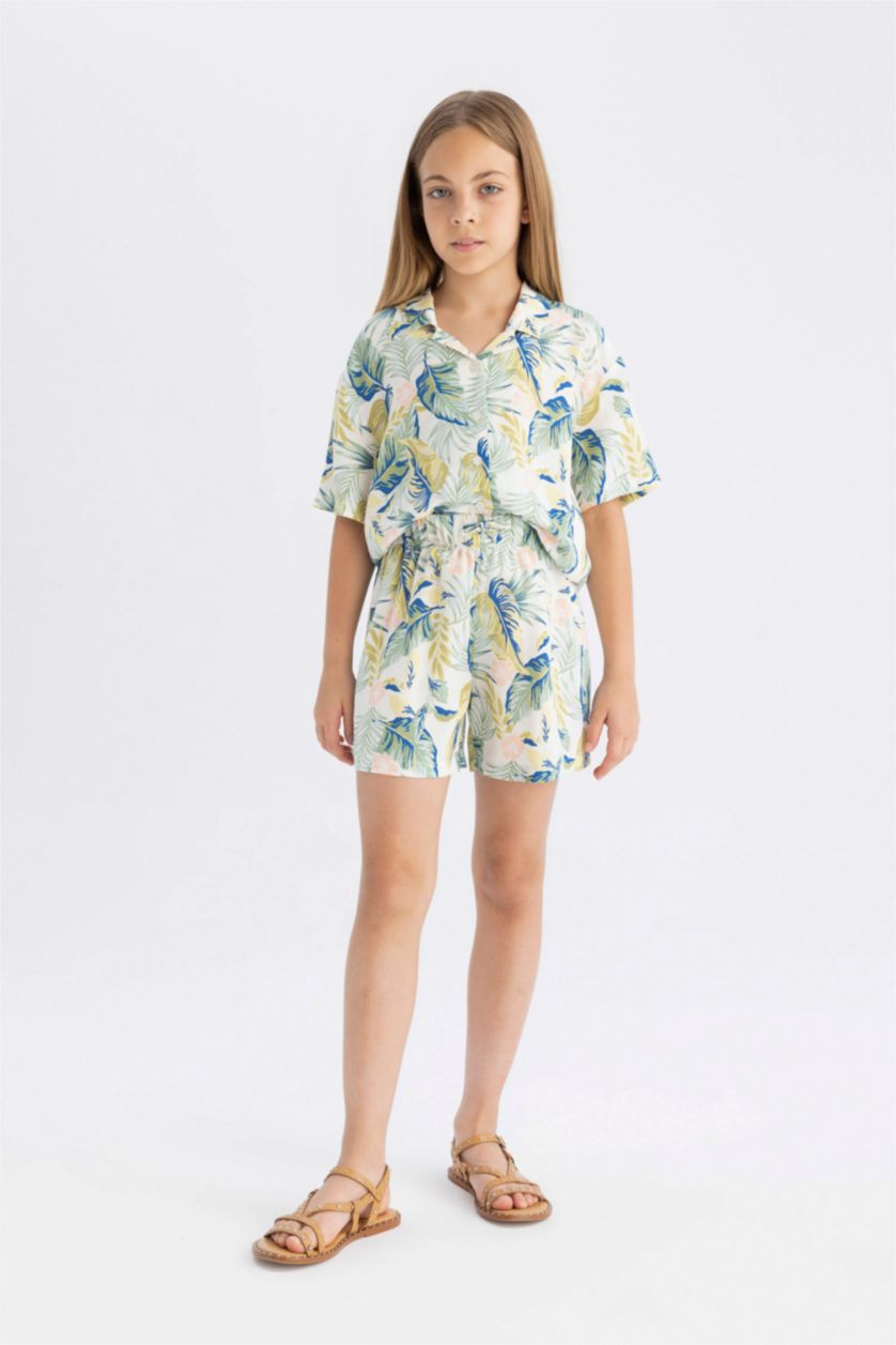 Kız Çocuk - Genç Kız Mint Pijama Takımı Standart Fit Desenli Kısa Kollu Üst Şort Kız Çocuk