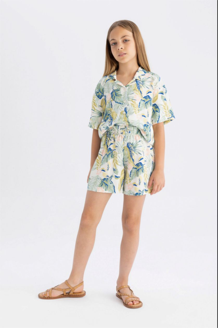 Kız Çocuk - Genç Kız Mint Pijama Takımı Standart Fit Desenli Kısa Kollu Üst Şort Kız Çocuk