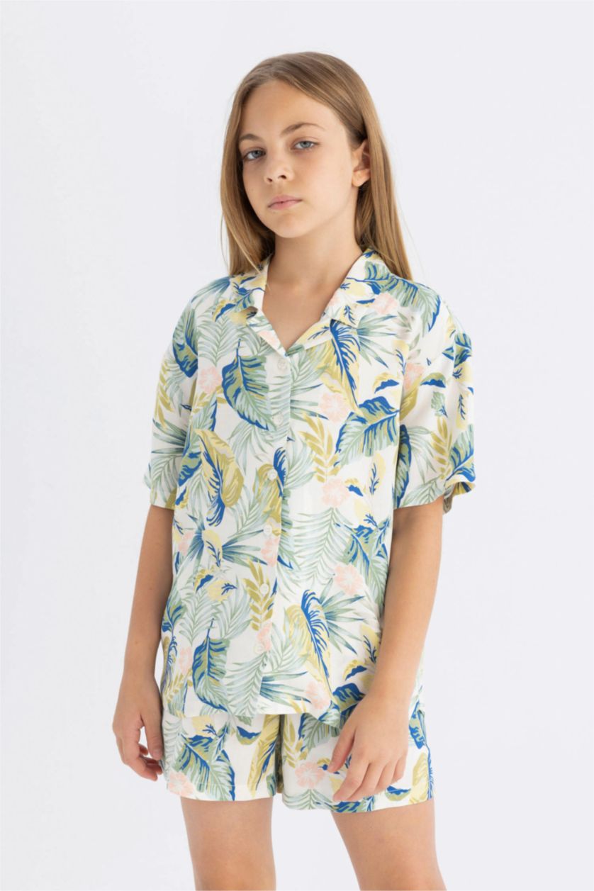 Kız Çocuk - Genç Kız Mint Pijama Takımı Standart Fit Desenli Kısa Kollu Üst Şort Kız Çocuk