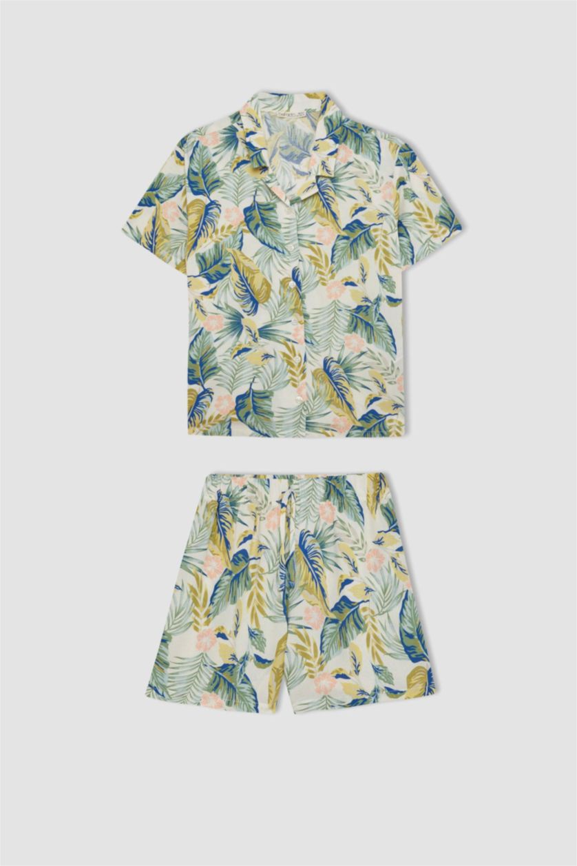 Kız Çocuk - Genç Kız Mint Pijama Takımı Standart Fit Desenli Kısa Kollu Üst Şort Kız Çocuk