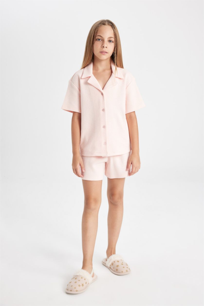 GIRLS & TEENS Light Pink طقم بيجاما وافل قصة عادية