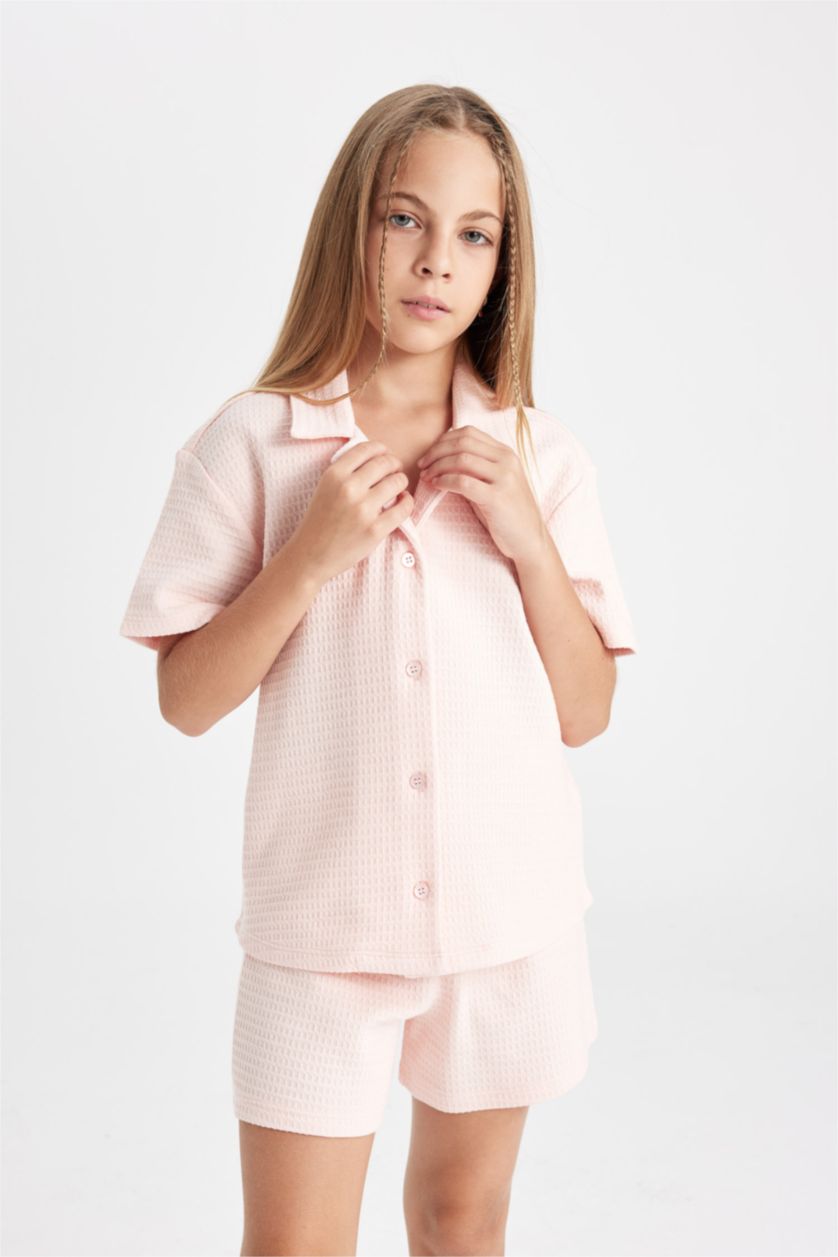GIRLS & TEENS Light Pink طقم بيجاما وافل قصة عادية