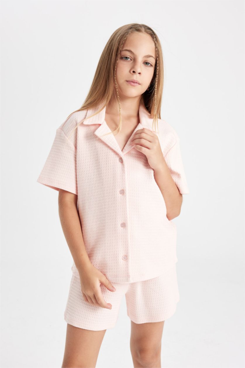 GIRLS & TEENS Light Pink طقم بيجاما وافل قصة عادية