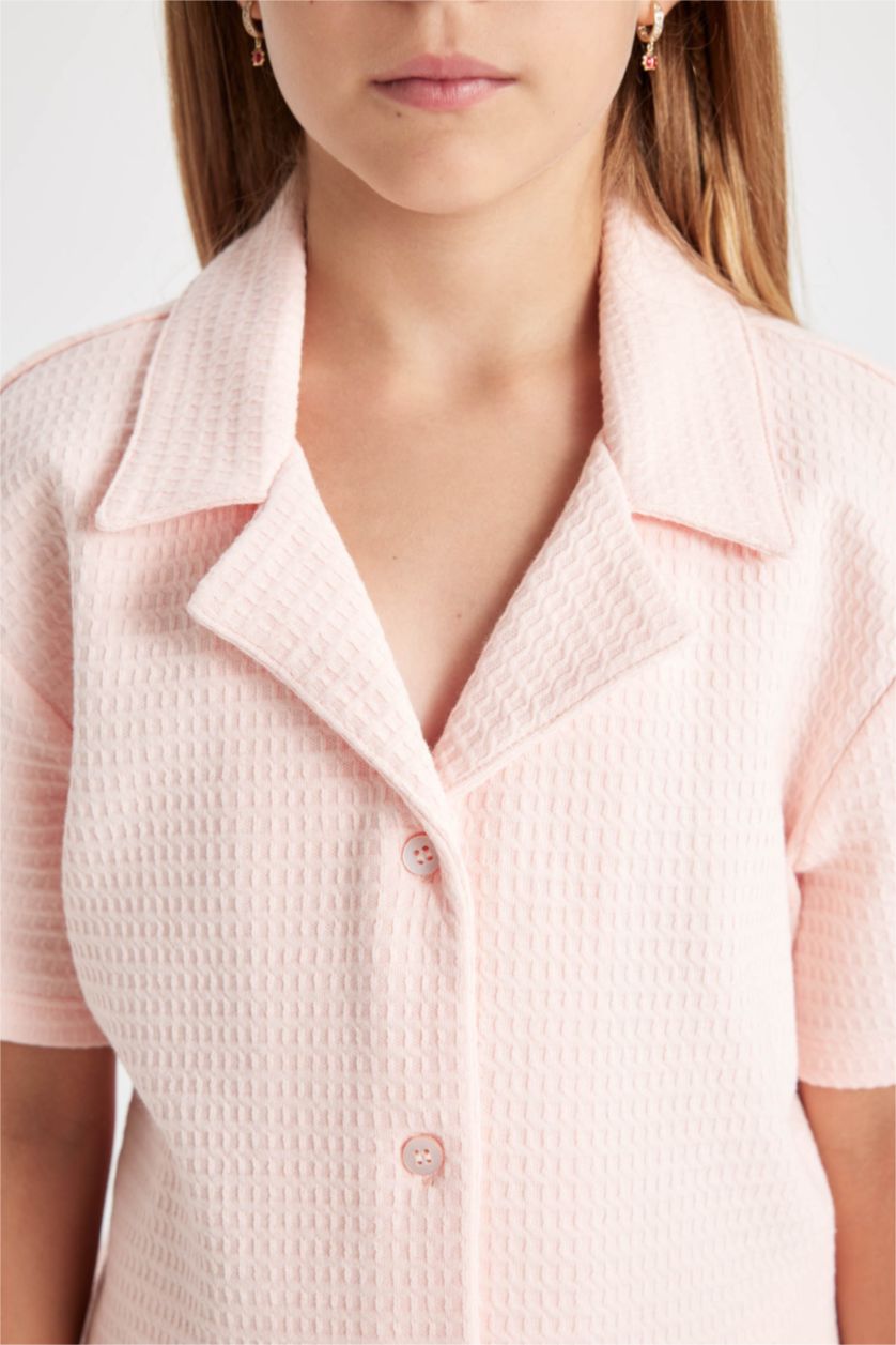 GIRLS & TEENS Light Pink طقم بيجاما وافل قصة عادية