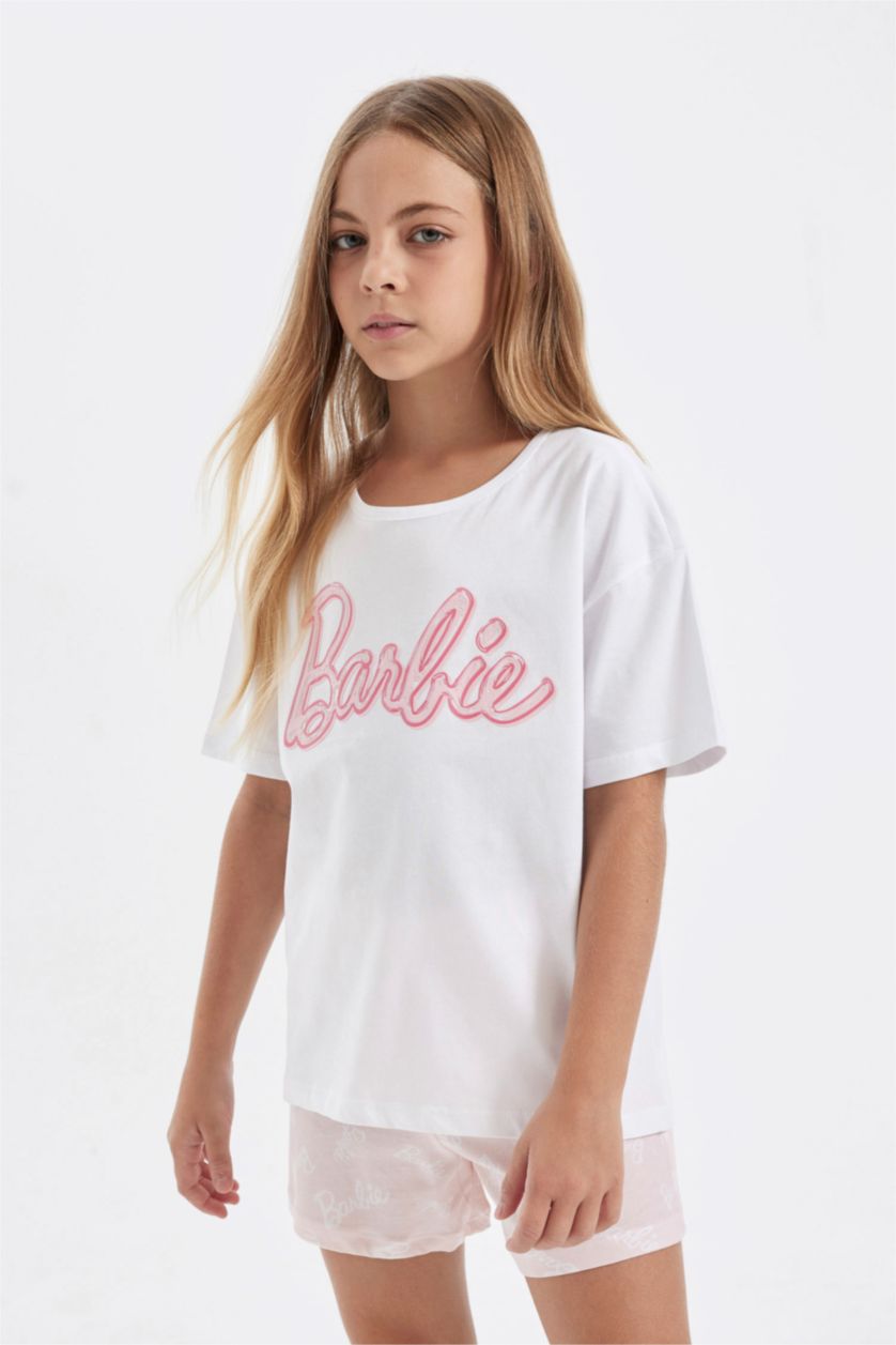 بناتي أبيض طقم بيجاما بناتي أوفر سايز برسمة باربي - قطعتين