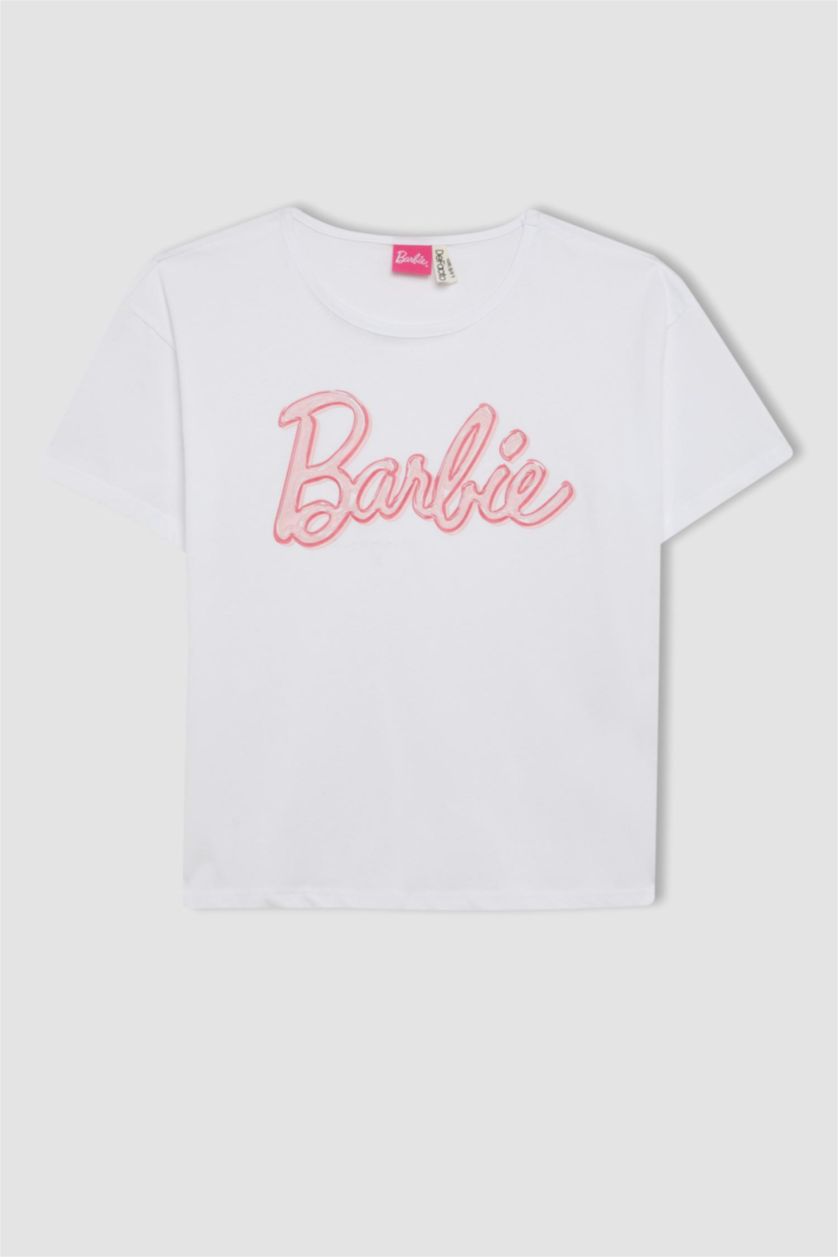 بناتي أبيض طقم بيجاما بناتي أوفر سايز برسمة باربي - قطعتين