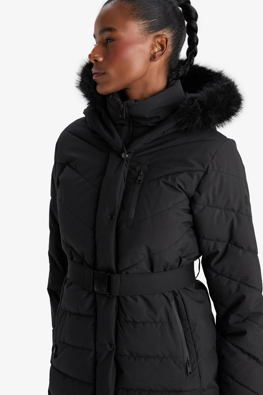 Kadın Siyah Su İtici Regular Fit Kapüşonlu Parka Mont