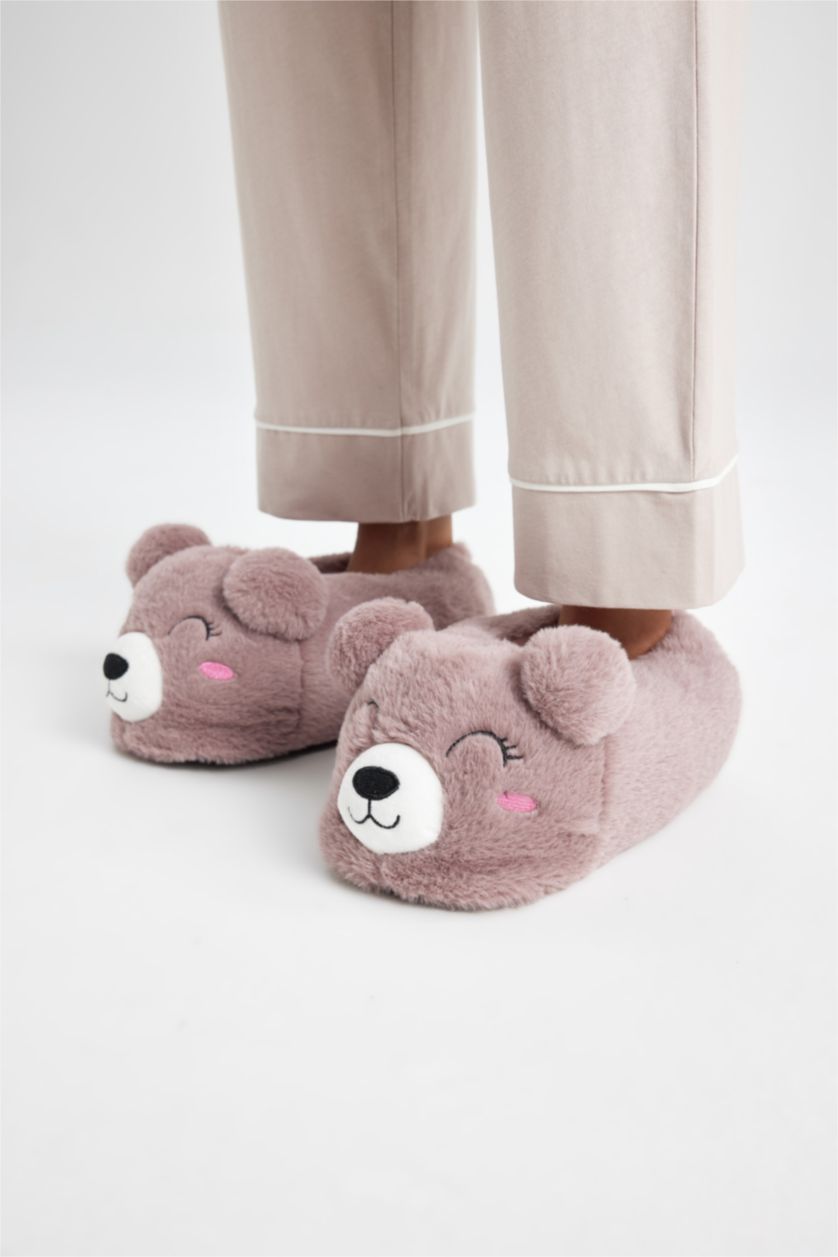 WOMAN Dark Rose Woman Teddy Bear Themed Plush Slippers