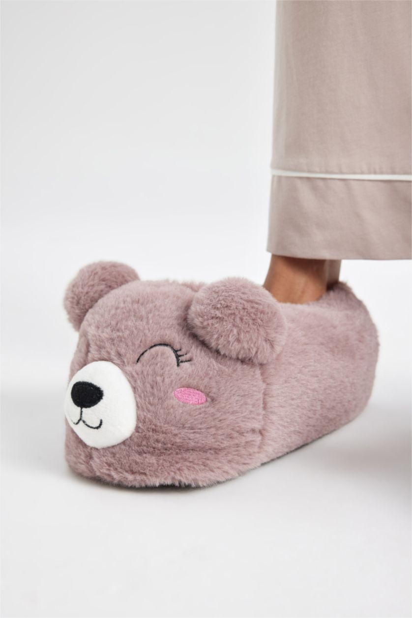 WOMAN Dark Rose Woman Teddy Bear Themed Plush Slippers