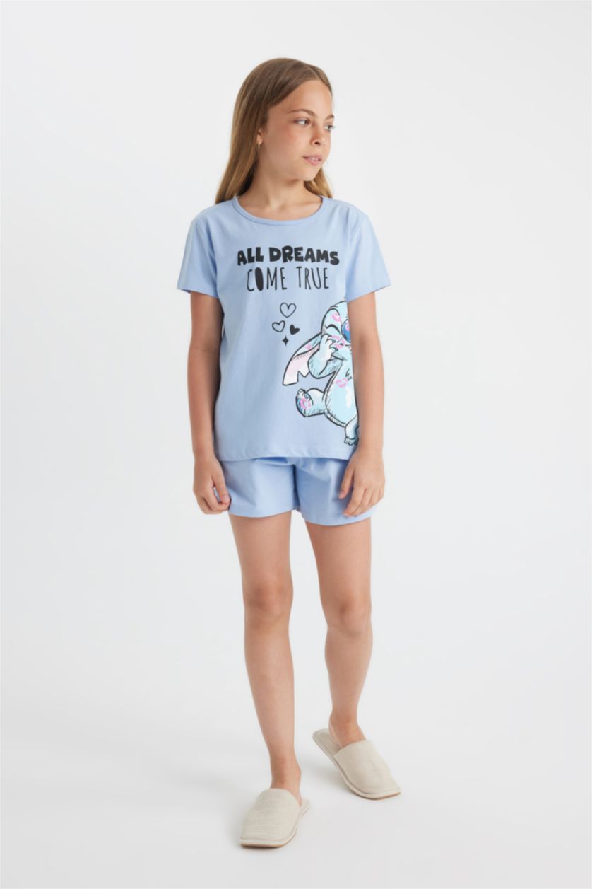 FILLES Bleu Ensemble Pyjama Jersey à Manches Courtes et Short Disney Lilo & Stitch pour Fille - 2 Pièces