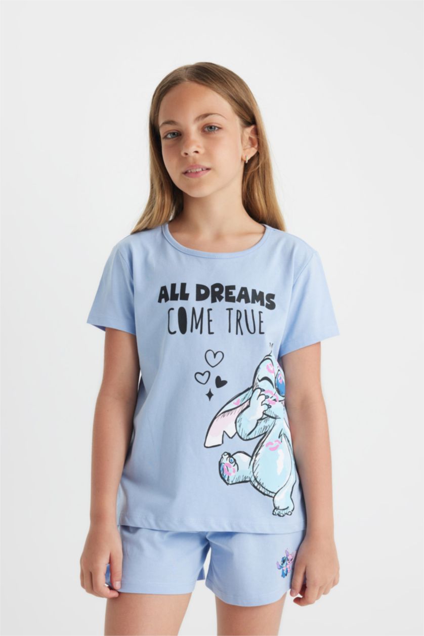 FILLES Bleu Ensemble Pyjama Jersey à Manches Courtes et Short Disney Lilo & Stitch pour Fille - 2 Pièces