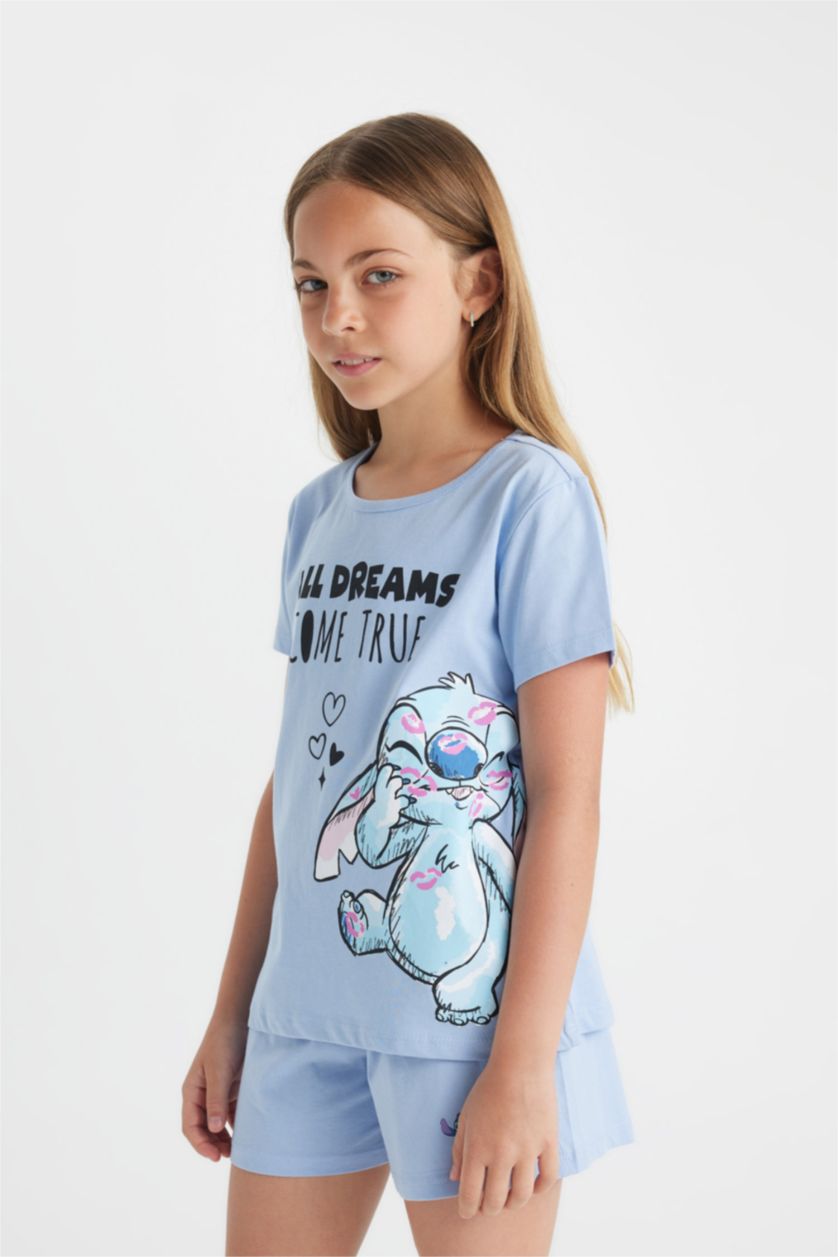 FILLES Bleu Ensemble Pyjama Jersey à Manches Courtes et Short Disney Lilo & Stitch pour Fille - 2 Pièces