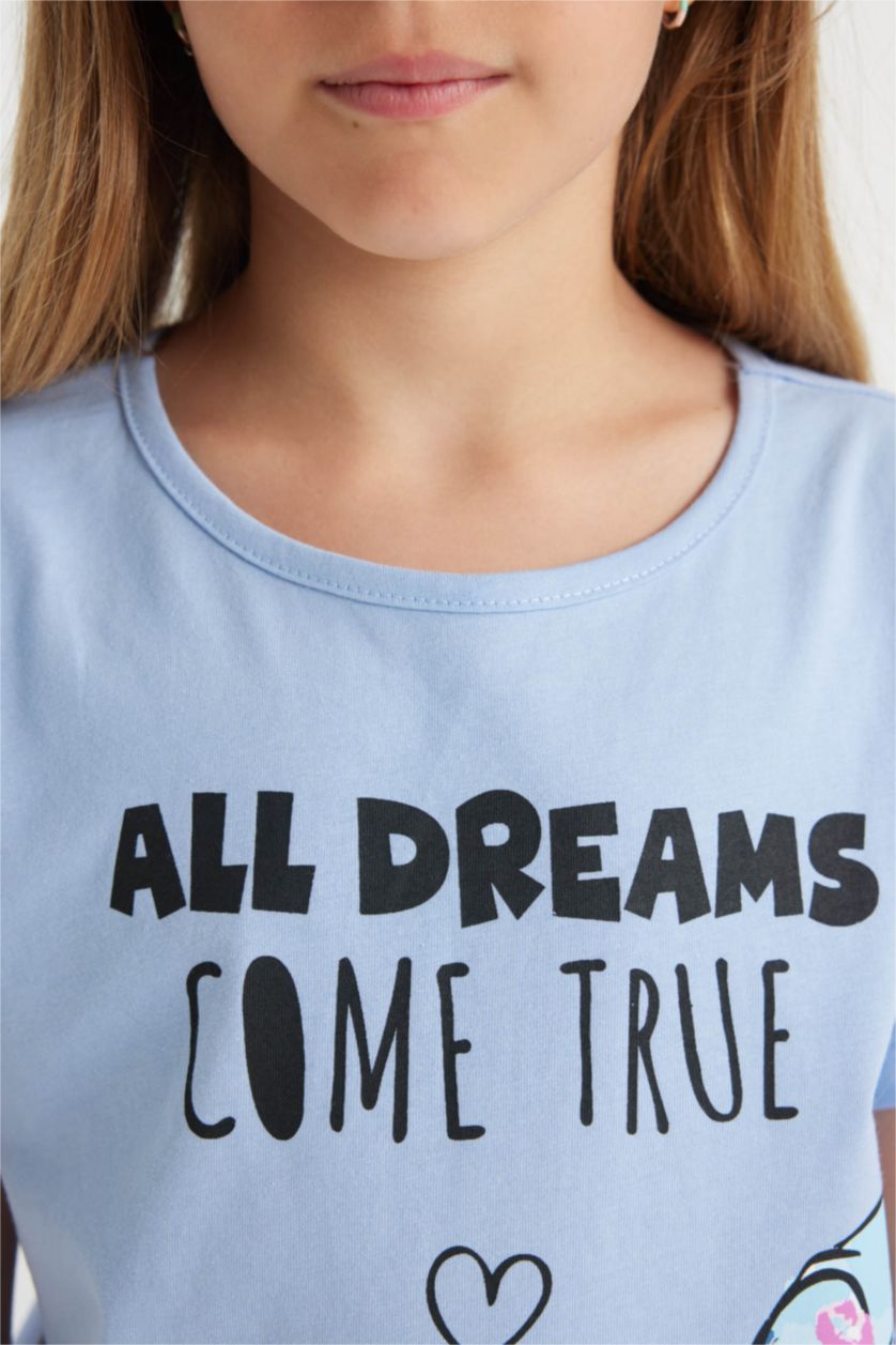 FILLES Bleu Ensemble Pyjama Jersey à Manches Courtes et Short Disney Lilo & Stitch pour Fille - 2 Pièces