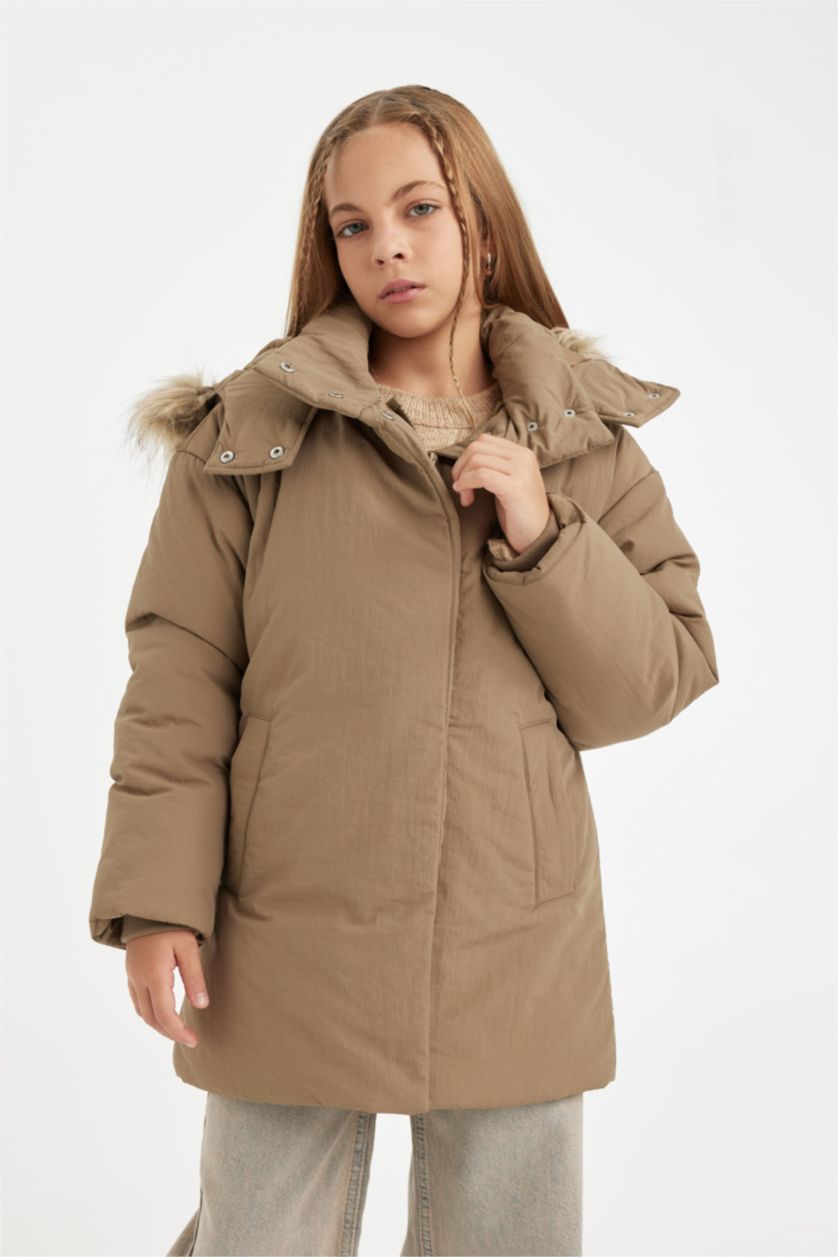 FILLES Beige Foncé Manteau à Capuche Oversize avec Fourrure amovible pour Fille