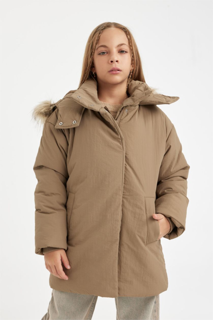 FILLES Beige Foncé Manteau à Capuche Oversize avec Fourrure amovible pour Fille
