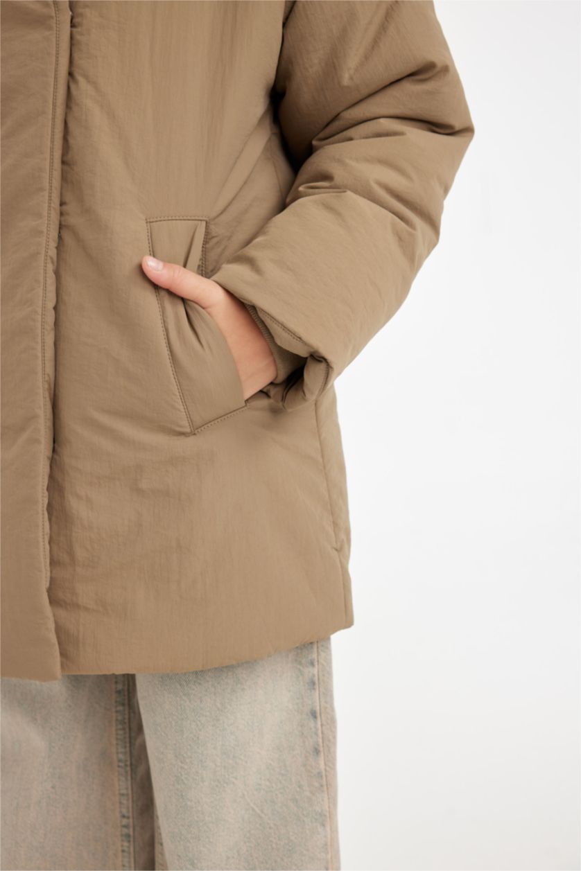 FILLES Beige Foncé Manteau à Capuche Oversize avec Fourrure amovible pour Fille