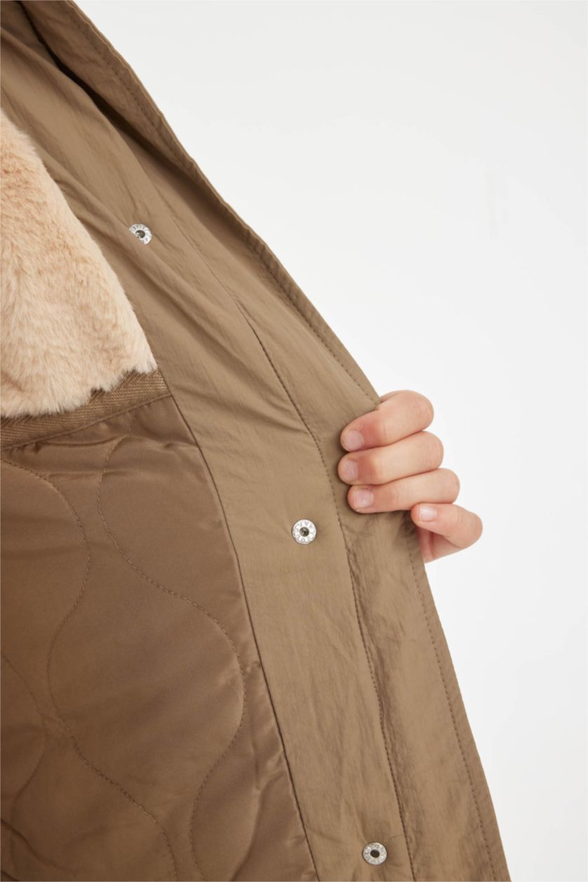 FILLES Beige Foncé Manteau à Capuche Oversize avec Fourrure amovible pour Fille