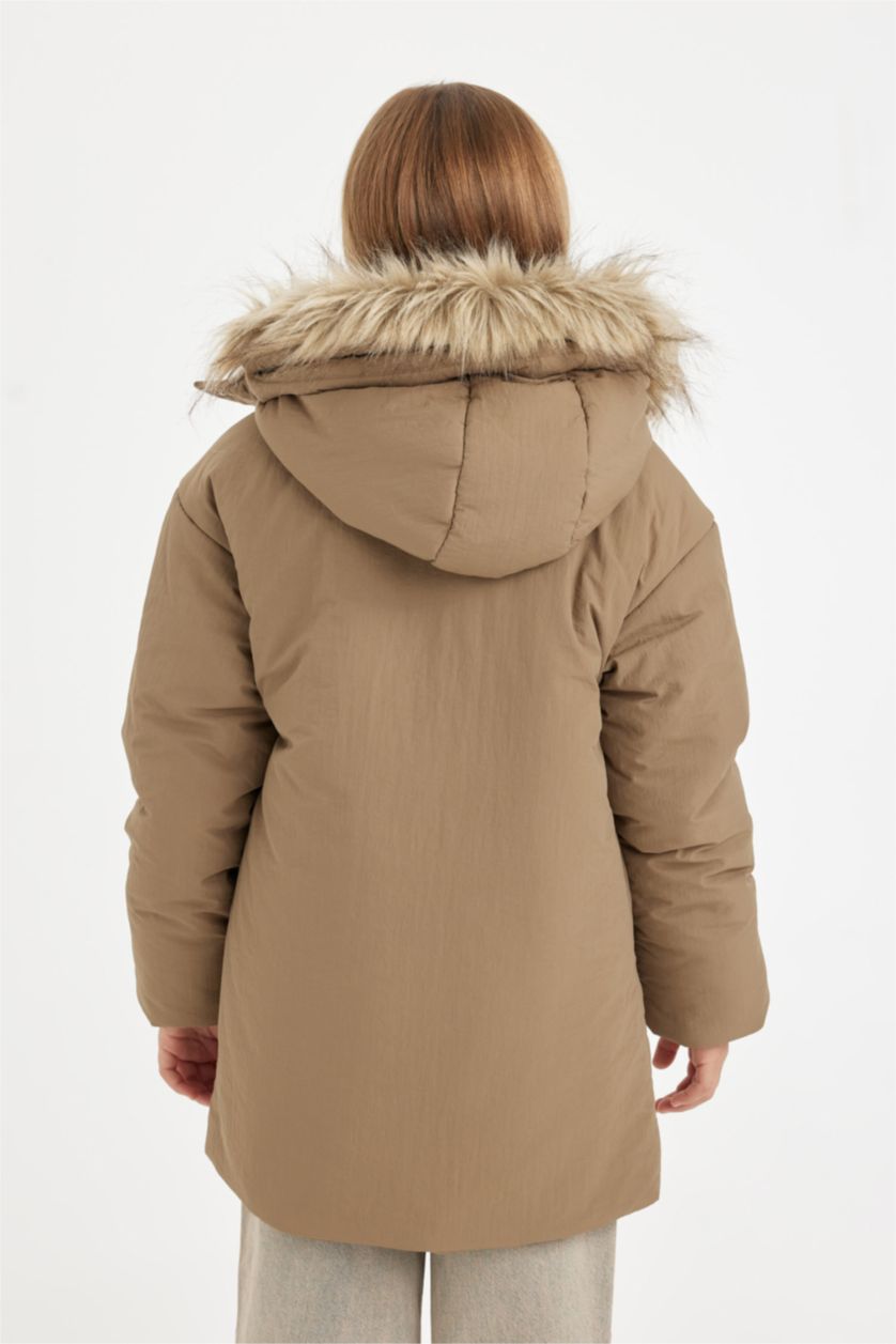 FILLES Beige Foncé Manteau à Capuche Oversize avec Fourrure amovible pour Fille