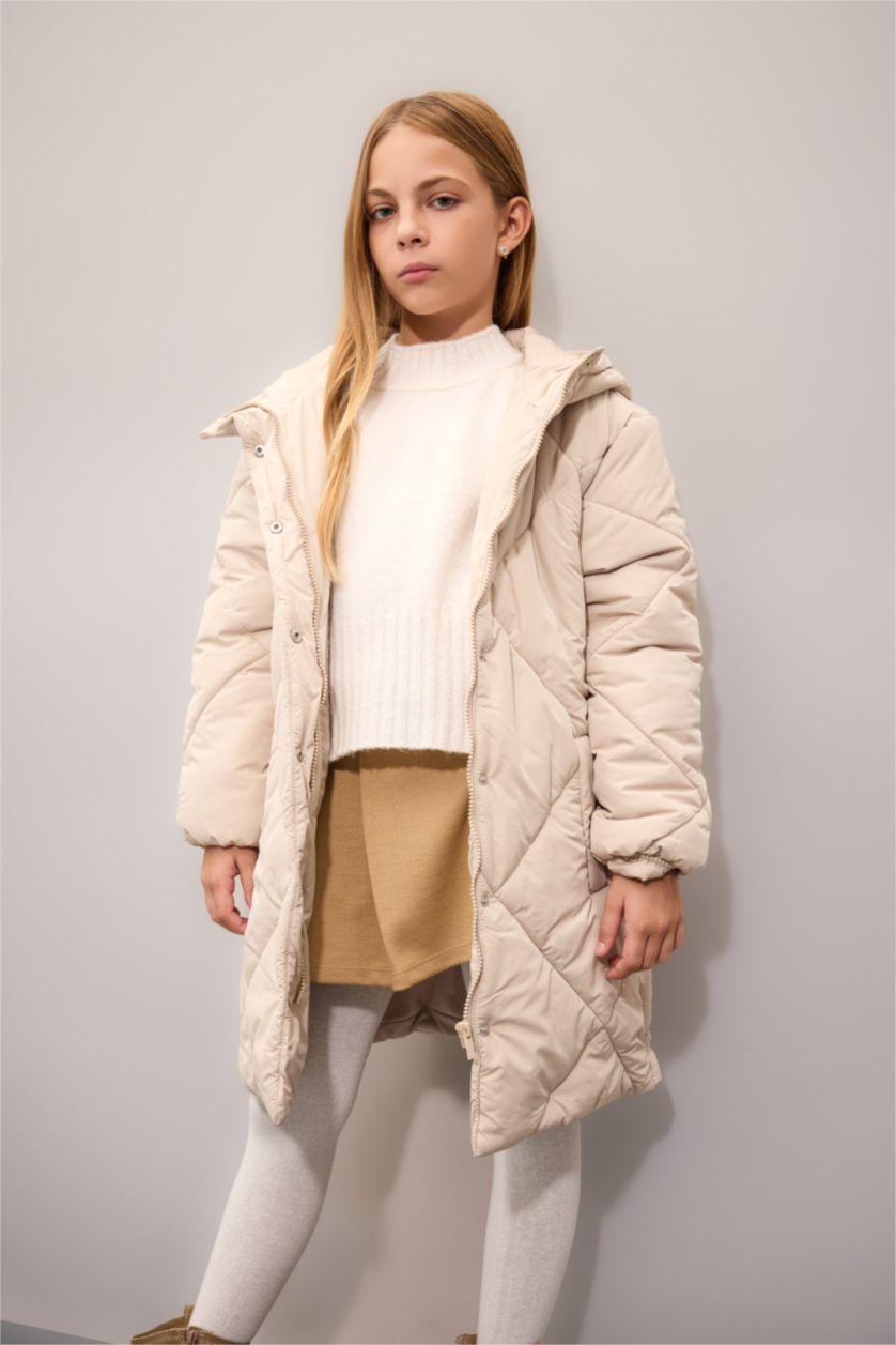 Kız Çocuk - Genç Kız Taş Su Geçirmez Kapüşonlu Uzun Şişme Mont Parka Kapitoneli Fermuarlı Cepli Kız Çocuk