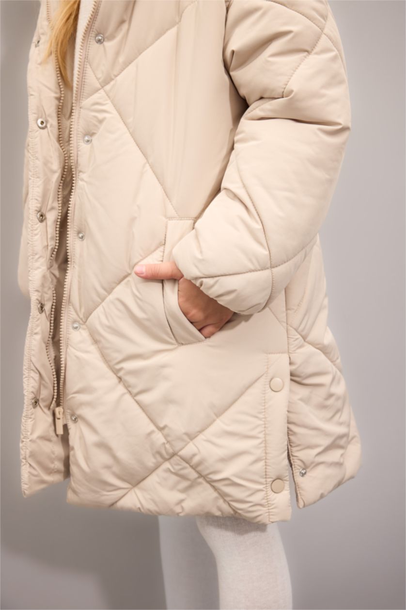 Kız Çocuk - Genç Kız Taş Su Geçirmez Kapüşonlu Uzun Şişme Mont Parka Kapitoneli Fermuarlı Cepli Kız Çocuk