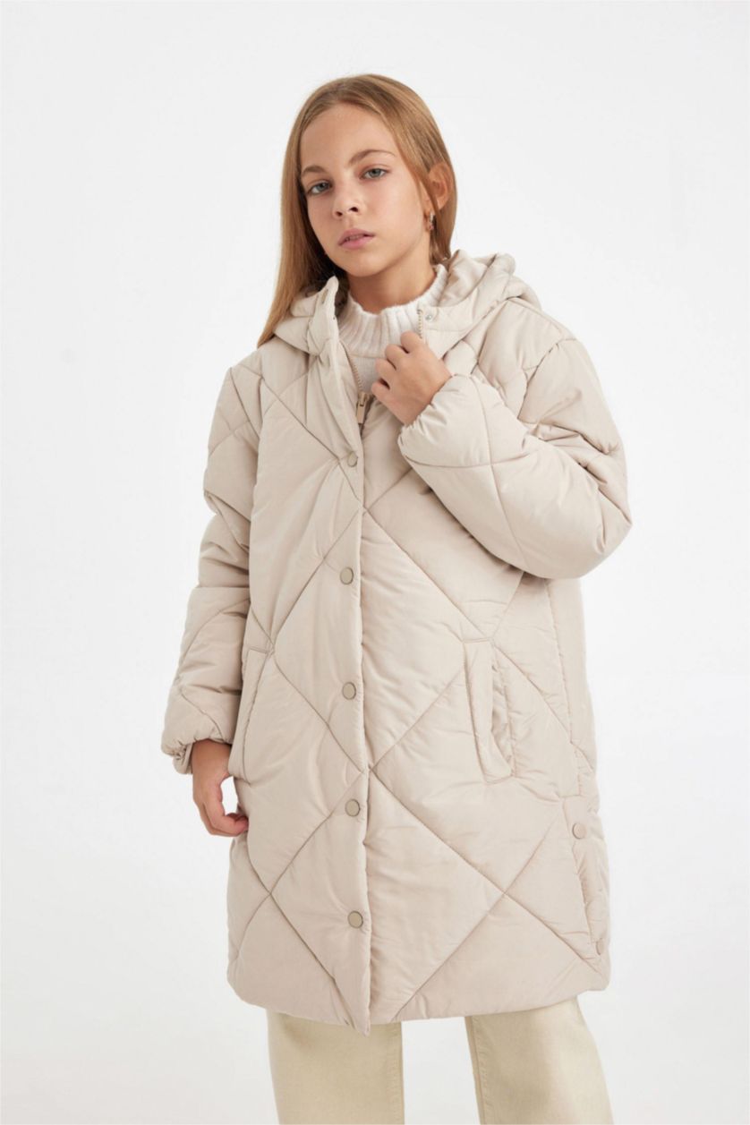 Kız Çocuk - Genç Kız Taş Su Geçirmez Kapüşonlu Uzun Şişme Mont Parka Kapitoneli Fermuarlı Cepli Kız Çocuk